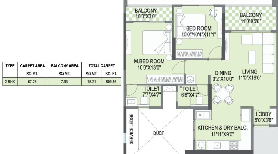 Yashada-EarthSong-FLoor-Plan-2 BHK-810 Sqft